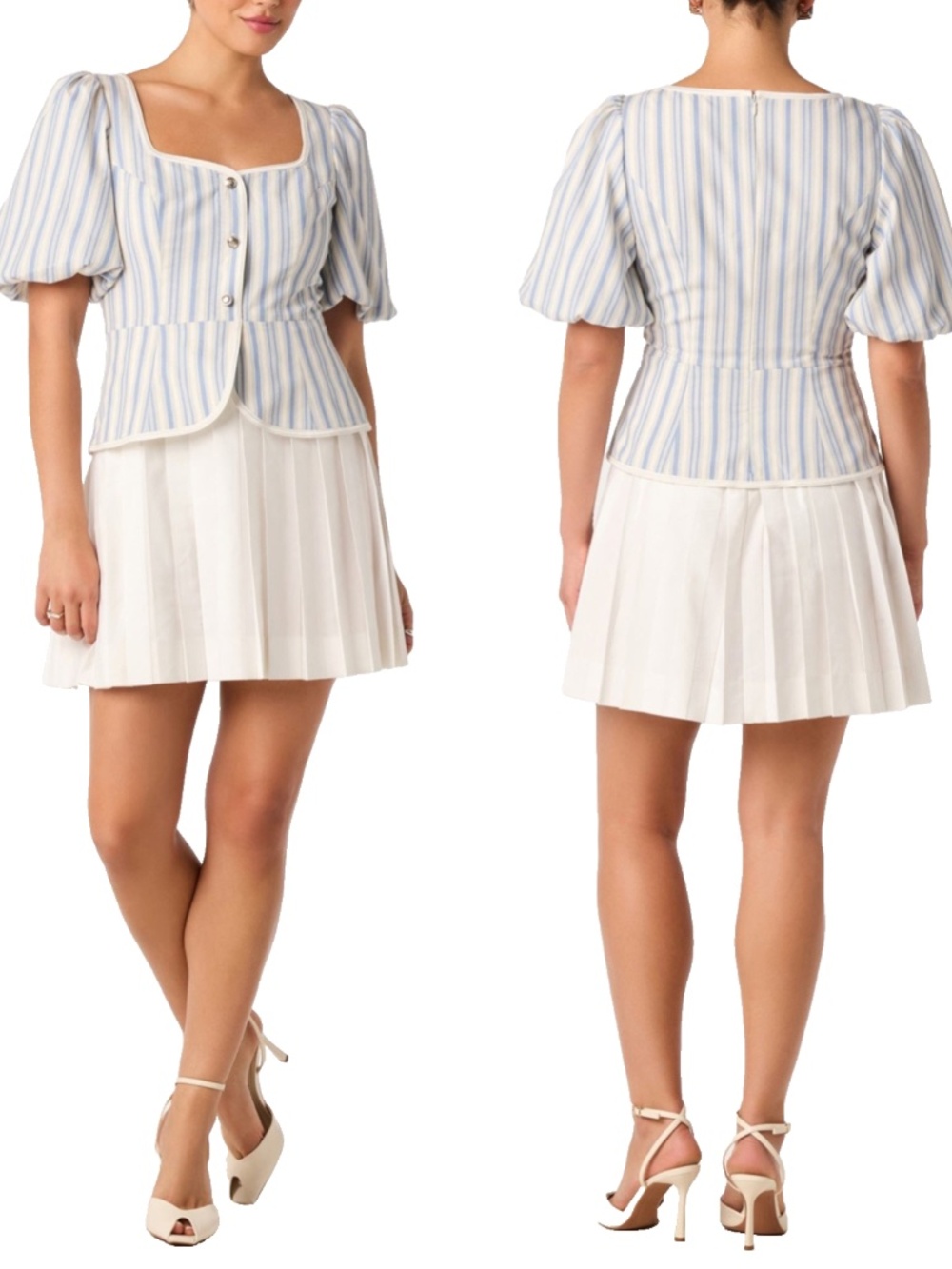 NEW ASTR Brigitta WHITE & BLUE Mixed Media STRIPED Puff Sleeve MINI DRESS S